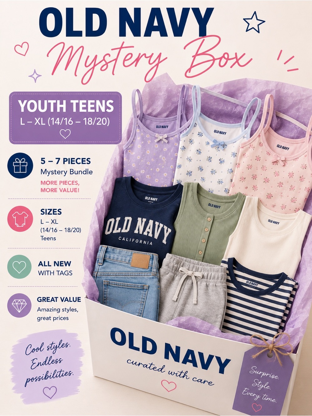 🎁 OLD NAVY Deluxe Mystery Box • 5-7 Pcs • Boys/Girls • L-XL (10/12–18) NWT